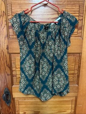 LC Lauren Conrad Teal Floral Tie-Neck Blouse
